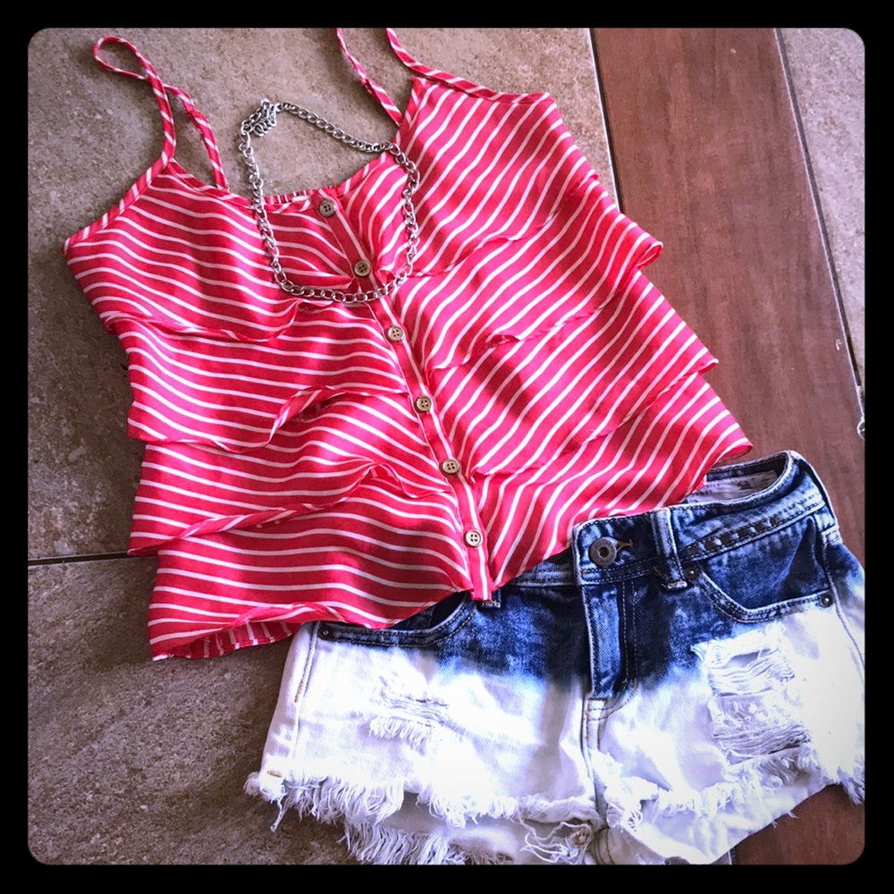 Red ruffle “silk” blouse